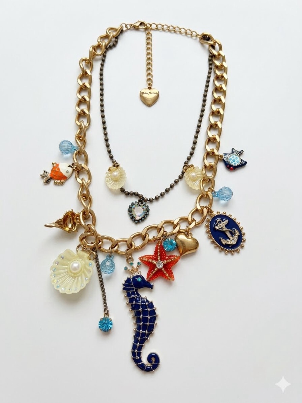 Betsey Johnson Nautical Seahorse Starfish Shell Layered Charm Necklace Gold Blue
